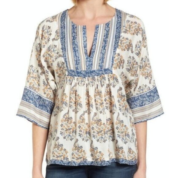 Lucky Brand Tops - Lucky Brand Peasant Top L Blue Floral Mixed Print V-Neck 3/4 Bell Sleeves Boho